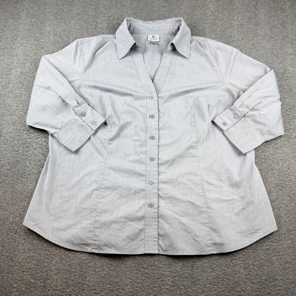 Worthington Women's Stretch Button Down Shirt Light Blue Grey 1X Plus 3/4 Sleeve